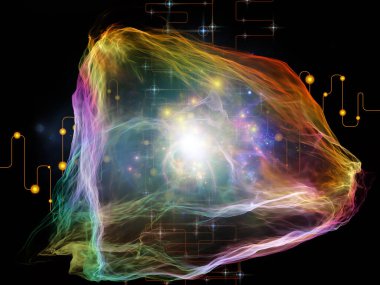 Ağ Tesadüfçülüğü serisi. Modern teknoloji ve bilimsel araştırma konularında organik fraktal geometri, ağ çizgileri ve ışıkların etkileşimi.