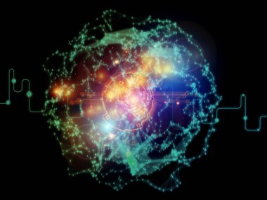 Bilgisayar, bilim ve modern teknolojiler konularında çizgiler, sayılar ve ışıklar ağı