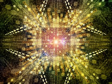 İşlemcinin özeti, fraktal geometri ve bilgisayar bilimi ve teknolojisi konularındaki ışıkların soyut 3D çizimi