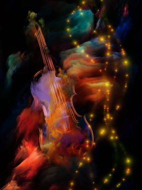 Müzik, sanat ve yaratıcılık konularında renkli keman ve fraktal boya soyutlaması. 3B Görüntü.