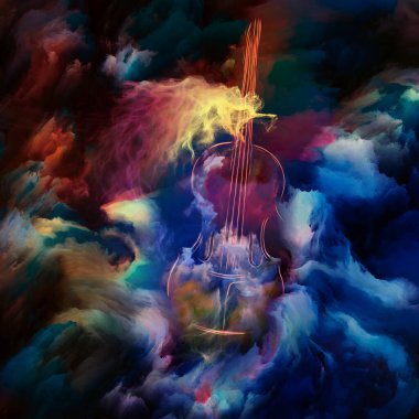 Müzik, sanat ve yaratıcılık konularında renkli keman ve fraktal boya soyutlaması. 3B Görüntü.