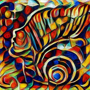 Sanat serisi deseni. Yaratıcılık ve sanat konusunda dijital tuvalde oluşturulan soyut yüz, şekiller ve renk elementleri.