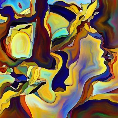 Parçalanmış Self serisi. İnsan yüzü ana hatları ve insan ilişkileri, zihin, psikoloji, iç dünya, yaratıcılık, zihinsel hastalık ve sanat konuları üzerine boyanmış desen kompozisyonu.