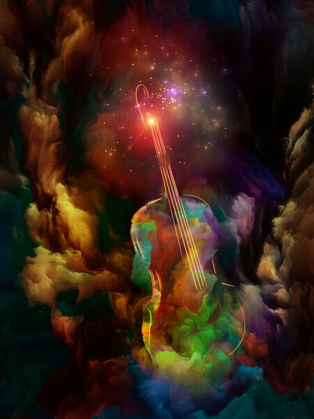 Colorful violin and Fractal paint abstraction on subject of music, art and creativity.  3D Illustration.