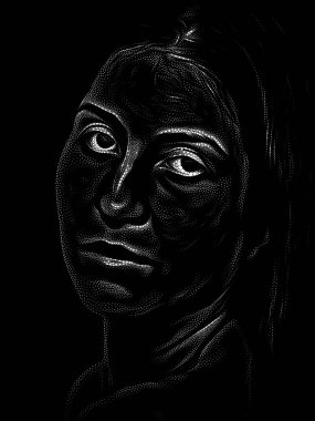 Kişilik Çalışmaları serisi. Sanat, şiir ve tiyatro projelerinde kullanılmak üzere Benekleme Tekniğiyle idam edilen genç bir kadının yüzü.