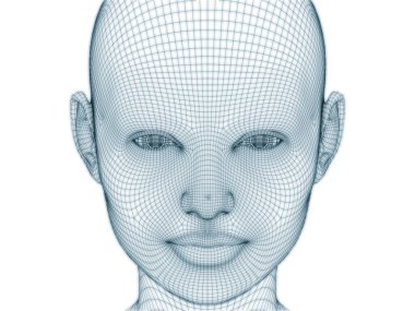 İnsan kafası ve yüzünün üç boyutlu görüntülenmesi illüstrasyon ve tasarım için tel örgüsü olarak kullanılacak