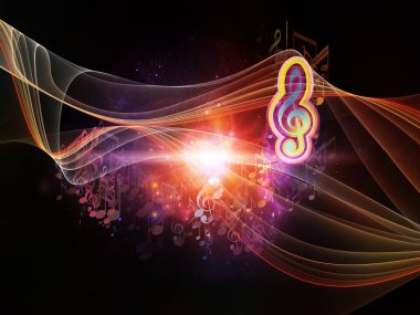 Sanal Melodi serisi. Müzik notaları, fraktal unsurlar ve eğlence ve eğitim konularında arka plan ışıkları.