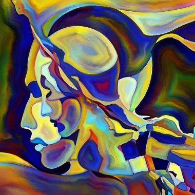 Parçalanmış Self serisi. İnsan yüz hatları ve insan ilişkileri, zihin, psikoloji, iç dünya, yaratıcılık, zihinsel hastalık ve sanat konularındaki organik renk kalıpları.