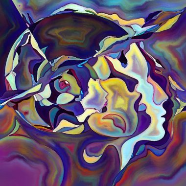 Parçalanmış Self serisi. İnsan yüzü ana hatları ve insan ilişkileri, zihin, psikoloji, iç dünya, yaratıcılık, zihinsel hastalık ve sanat konuları üzerine boyanmış desen kompozisyonu.