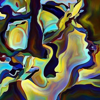 Parçalanmış Self serisi. İnsan yüzü ana hatları ve insan ilişkileri, zihin, psikoloji, iç dünya, yaratıcılık, zihinsel hastalık ve sanat konuları üzerine boyanmış desen kompozisyonu.