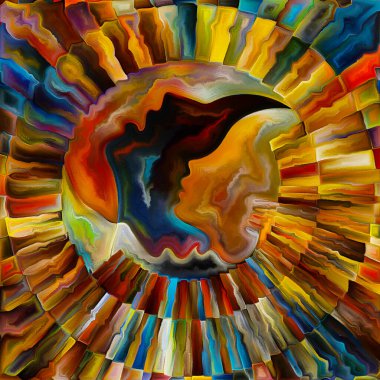 İç Kuvvetler serisi. İç güçler ve ruhsal enerjiler üzerine karanlık ve aydınlık siluetlerin renkli soyutlanması ve şekiller