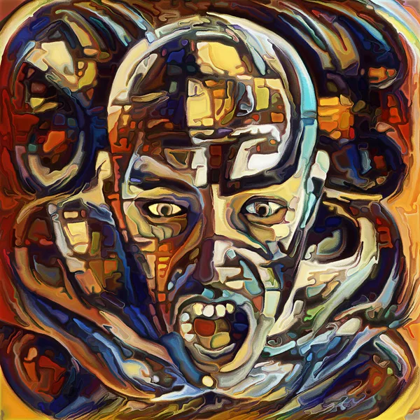 Information Overload series. Painted rendering of fragmented human head with open mouth on subject of mental illness and emotional meltdown