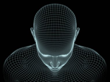Teknoloji, eğitim ve bilgisayar bilimleri illüstrasyonlarında kullanılmak üzere insan kafasının tel örgüsü içinde 3B görüntüsü