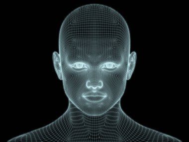 Teknoloji, eğitim ve bilgisayar bilimleri illüstrasyonlarında kullanılmak üzere insan kafasının ve yüzünün 3 boyutlu yapılandırılması