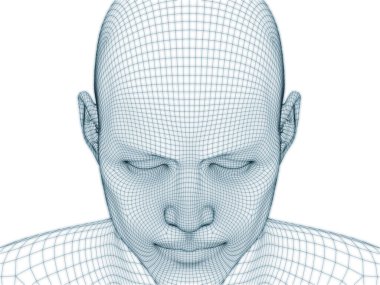 İnsan kafası ve yüzünün üç boyutlu görüntülenmesi illüstrasyon ve tasarım için tel örgüsü olarak kullanılacak