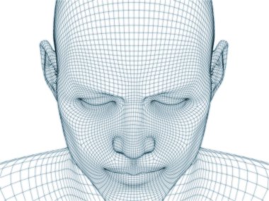 İnsan kafası ve yüzünün üç boyutlu görüntülenmesi illüstrasyon ve tasarım için tel örgüsü olarak kullanılacak