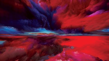 Işık bulutları. Gerçekliğe Kaçış dizisi. Doğaüstü günbatımının kompozisyonu manzara resmi, hayal gücü, yaratıcılık ve sanat teması üzerine renkler ve dokular