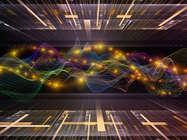 Sanal Mikro Dünya. Sanal Dalga serisi. Veri transferi, sanal, yapay, matematiksel gerçeklik için yatay sinüs dalgaları ve ışık parçacıklarının 3B çizimi.