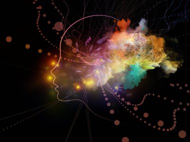 Hafıza Yörüngeleri serisi. İnsan yüzü, çizgiler, soyut elementler, ışık bileşimi, bilinç ve insan zihni üzerine..