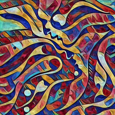 Sanat serisi deseni. Yaratıcılık ve sanat konularında dijital tuvale işlenmiş soyut insan yüzleri ve renkleri.