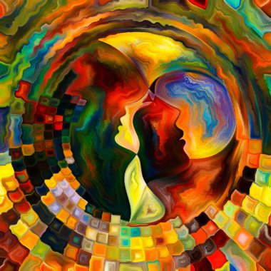 Empati Gezegeni serisi. Kadın ve çocuk profilleri göz yaşlarıyla birleşti ve paylaşılan duyguların dünyasını sembolize eden renk ve akış geometrisiyle çerçevelendi..