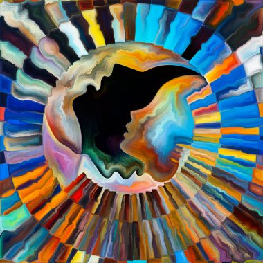 İç Kuvvetler serisi. İç güçler ve ruhsal enerjiler üzerine karanlık ve aydınlık siluetlerin renkli soyutlanması ve şekiller