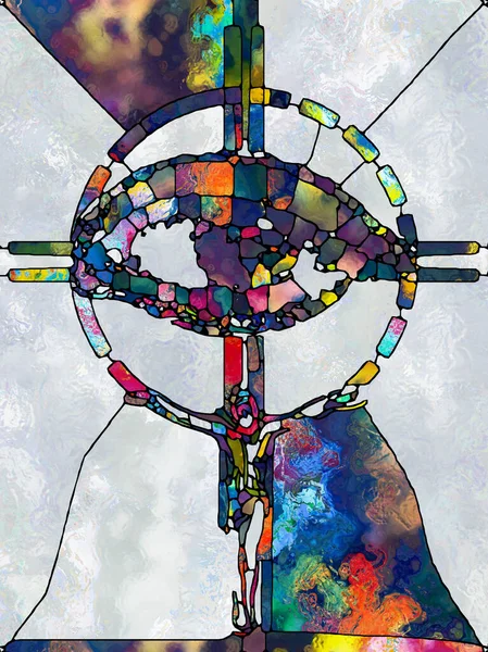 光之碎片 玻璃杯系列交叉系列 基督与自然钉十字架分裂统一主题有机教堂窗彩图案的构成 — 图库照片