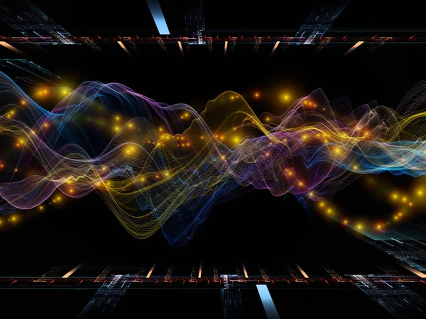 仮想マイクロワールド 仮想波シリーズ データ転送 数学的現実に関連する水平正弦波と光粒子の3Dイラスト — ストック写真