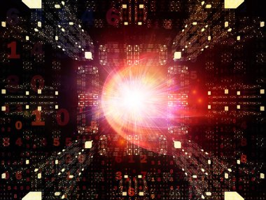 Dijital Yapı Serisi. Dijital teknoloji ve iletişim konularında 3 boyutlu ışık patlaması, sayılar ve fraktal elementler gösterimi