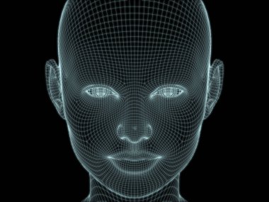 İnsan kafasının teknoloji, eğitim ve bilgisayar bilimleri illüstrasyonlarında kullanılmak üzere tel örgüde 3 boyutlu görüntülenmesi