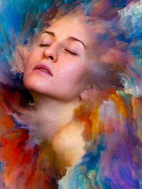 Dünya serisi. Duygular, duygular, iç dünya, yaratıcılık ve hayal gücü konularında kadın portresiyle birleştirilmiş soyut tasarım.