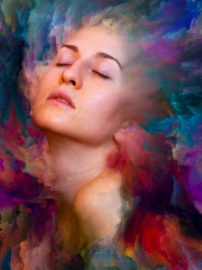 Dünya serisi. Kadın portresinin arka plan tasarımı duygular, duygular, iç dünya, yaratıcılık ve hayal gücü üzerine canlı boyalar ile kaynaştırılmış.