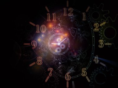 Uzay Zamanı. Zamanın Yüzleri serisi. Bilim, eğitim ve modern teknolojiler için saat kadranlarının ve soyut unsurların grafik bileşimi