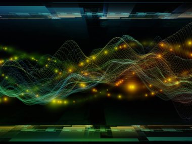 Dijital Dünyalar. Sanal Dalga serisi. Veri transferi, sanal, yapay, matematiksel gerçeklik projelerinde kullanılacak yatay sinüs dalgaları ve ışık parçacıklarının arkaplanı.