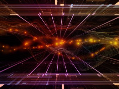 Dijital Dünyalar. Sanal Dalga serisi. Veri transferi, sanal, yapay, matematiksel gerçeklik projelerinde kullanılacak yatay sinüs dalgaları ve ışık parçacıklarının arkaplanı.