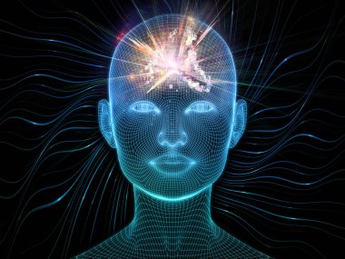 Parlak Düşünce. Bilinçli Zihin serisi. Yapay zeka, insan bilinci ve manevi yapay zeka için 3 boyutlu parlayan tel örgü insan yüzü bileşimi