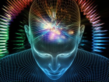 Aydınlanmış düşünce. Bilinçli Zihin serisi. Yapay zeka, insan bilinci ve ruhani yapay zeka için üç boyutlu parlayan tel örgü insan yüzüyle ilgili soyut tasarım.