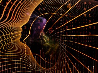 Zihin serisinin doğuşu. Genel yapay zeka ve modern teknoloji üzerine insan kafası siluetleri ve sayı şebekelerinin arka planı.