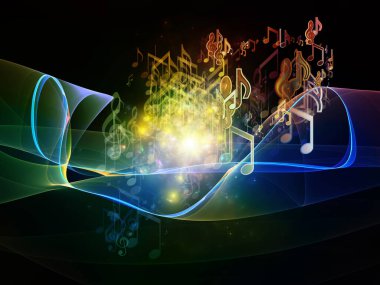 Sanal Melodi serisi. Müzik notaları, fraktal unsurlar ve eğlence ve eğitim konularında arka plan ışıkları.