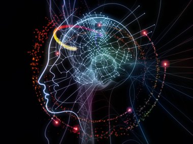 Zihin Parıltısı. İnsan çizgilerinin 3 boyutlu tasviri, sanal şebekeler ve eğitim konularındaki ışıklar bilim ve modern teknolojiler