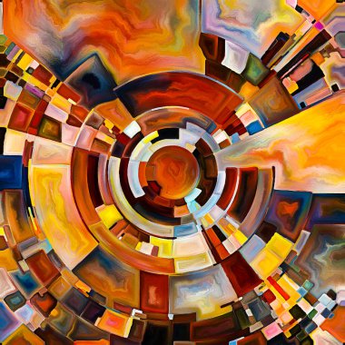 Dua Çemberi serisi. Diskin soyut suluboyası, ışınları ve yayılan renkler ve organik dokular ruhani enerji ve yaşam gücünün kaynağını temsil ediyor..