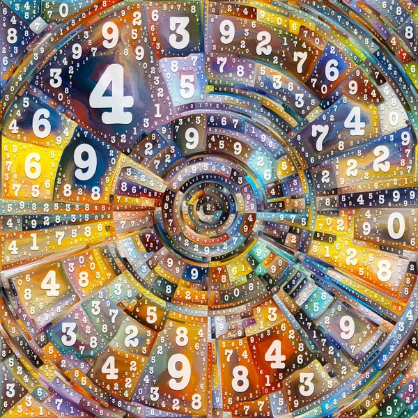 Paint by Numbers series. Abstract colorful painting of disk, rays and arches of radiating color and number symbols to represent source of platonic energy and power behind life.