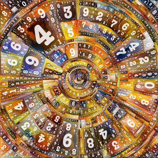 Paint by Numbers series. Abstract colorful painting of disk, rays and arches of radiating color and number symbols to represent source of platonic energy and power behind life.