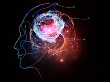 İnsan Teknolojisi serisi. Yüz hatları, ışıklar ve dijital elementler üç boyutlu olarak modern bilim, teknoloji ve eğitim konularında sunuluyor.