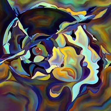 Parçalanmış Self serisi. İnsan yüzü anahatları ve insan ilişkileri, zihin, psikoloji, iç dünya, yaratıcılık, zihinsel hastalık ve sanat konularındaki mozaik şablon kompozisyonu.