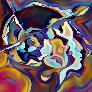 Parçalanmış Self serisi. İnsan yüzü ana hatları ve insan ilişkileri, zihin, psikoloji, iç dünya, yaratıcılık, zihinsel hastalık ve sanat konularındaki renkli şablon kompozisyonu.