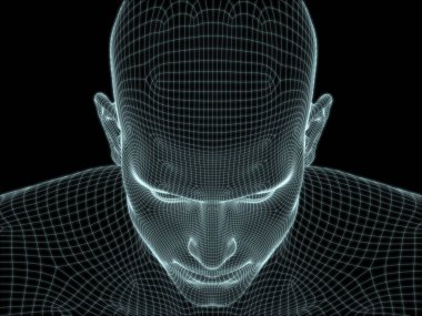 Teknoloji, eğitim ve bilgisayar bilimleri illüstrasyonlarında kullanılmak üzere insan yüzünün tel örgüsü içinde 3B görüntüsü