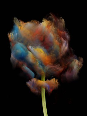 Renk Çiçekleri serisi. Neşe, yaratıcılık ve sanat konularında siyah üzerine fraktal boya bulutları.