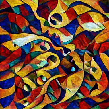 Sanat serisi deseni. Yaratıcılık ve sanat konularında dijital tuvale işlenmiş soyut insan yüzleri ve renkleri.