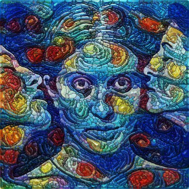 Inner Voices serisi. Kadın yüzlerinin elementleri ruhani gerçeklik, insan draması ve sanatsal tasarım konularında renklendirilmiş ve düzenlenmiş cam desenler haline getirilmiş..